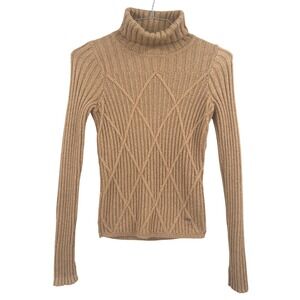 Hollister Womens Turtleneck‎ Cotton Blend Sweater Tan Camel Diamond Cable Knit S